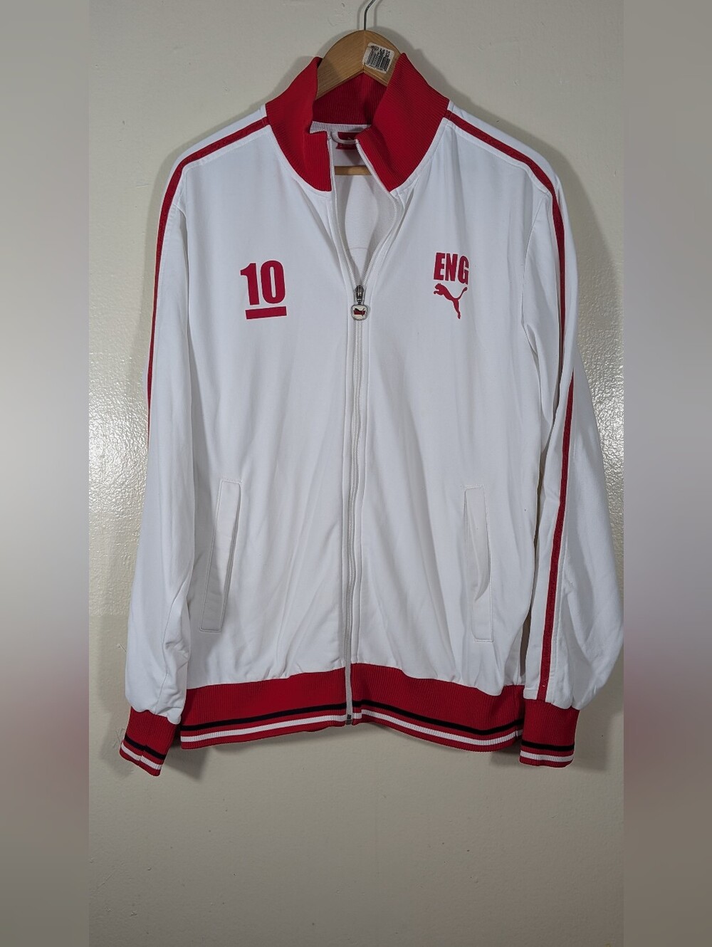 Puma Mens ENG White & Red Sz M With Ziper Long neck long Athletic Track Jacket